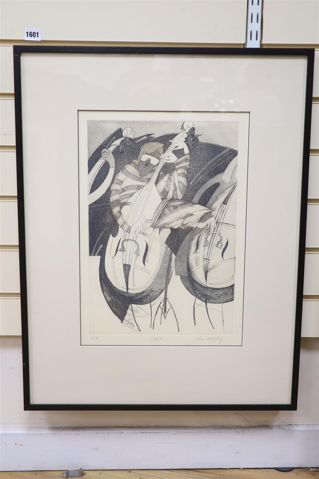 Julie Midgley (1948-), artist proof print, Cellist, signed in pencil, 42 x 29cm